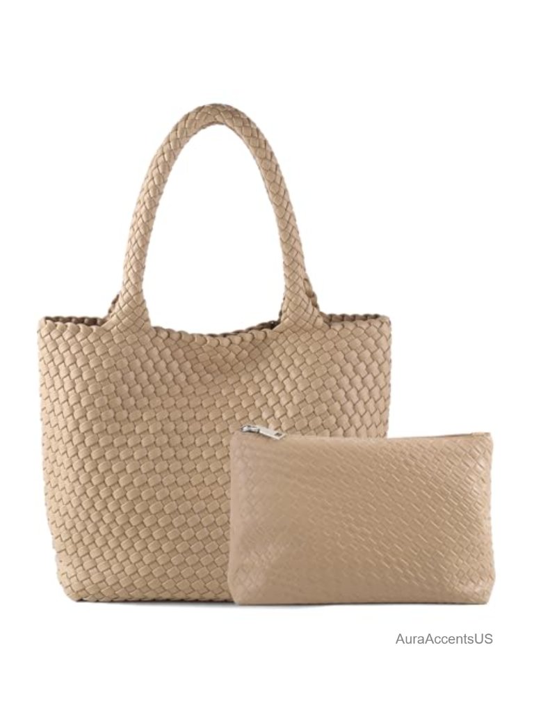 Hand Woven Vegan Leather Large Tote Hobo Bag Shoulder Beach Travel Purse